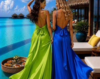 Koningsblauwe zijdesatijnen rugloze maxi-jurk met vlinderstrik, elegante col bruiloftsgastavondjurk, jurk strandvakantieresort