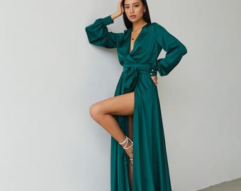 Emerald Green Silk Satin Wrap Maxi Dress, Boho Long Sleeve Bridesmaid Gown
