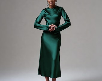 Emerald Green Satin Midi Dress, Long Sleeve Elegant Evening Gown, Minimalist Wedding Guest Dress