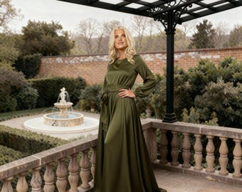 Olive Green Silk Satin Maxi Gown – Elegant Modest Evening Dress, Mother of the Bride/Groom
