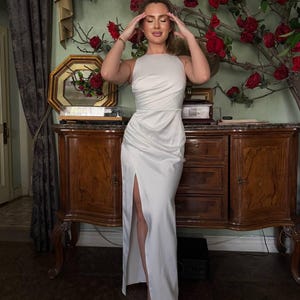 White Silk Satin Formal High Slit Maxi Dress – Wedding Reception Dress, Courthouse Wedding Dress, Elegant Elopement Dress, Engagement Dress