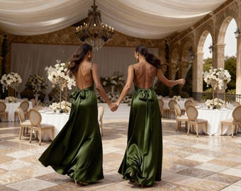 Olivgrün Seidensatin Maxikleid mit Wasserfallausschnitt, rückenfreies Sommerkleid mit Schleife