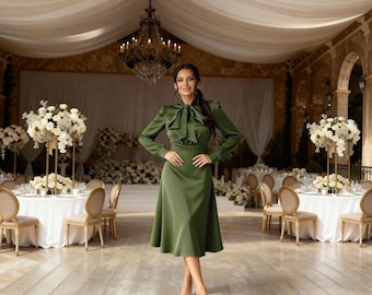 Olive Green Silk Satin Midi Dress, Bow Tie Elegant Wedding Guest