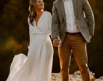 White Silk Satin Long Sleeve Maxi Wrap Dress – Simple Civil Wedding, Ceremony & Elopement Dress, Elegant Reception Gown