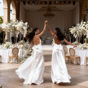 K&ouml;nnte beinhalten: Zwei Frauen in wei&szlig;en Satin-Hochzeitskleidern mit offenem R&uuml;cken und Schleifendetails, die sich an den H&auml;nden halten und tanzen. Der Schauplatz ist ein Hochzeitsempfang im Freien mit Tischen, St&uuml;hlen und Blumenschmuck. Der Hintergrund umfasst eine B&uuml;hne und einen Kronleuchter.