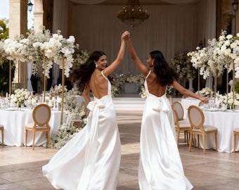 White Silk Satin Maxi Dress, Cowl Neck, Backless Bow Gown