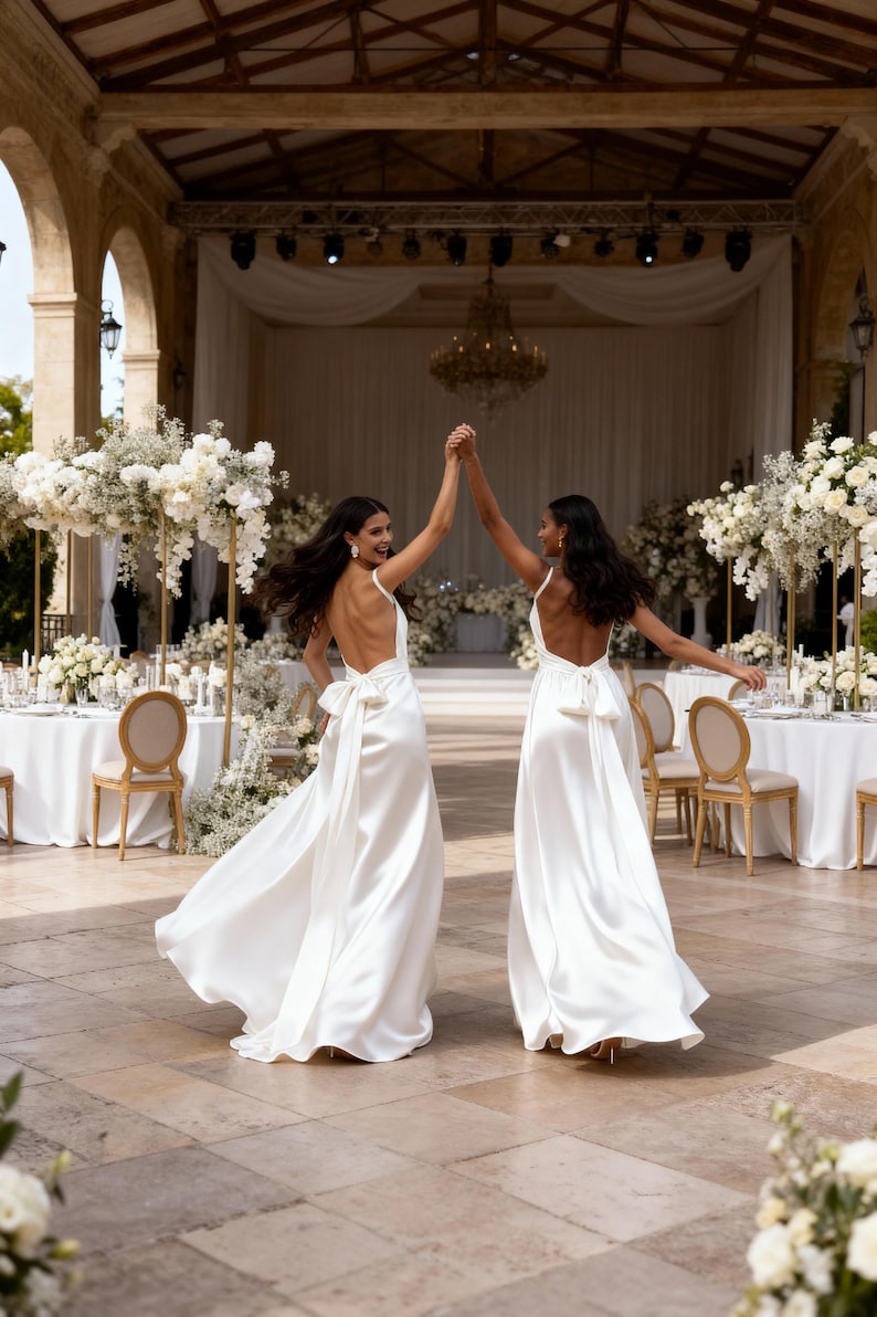 K&ouml;nnte beinhalten: Zwei Frauen in wei&szlig;en Satin-Hochzeitskleidern mit offenem R&uuml;cken und Schleifendetails, die sich an den H&auml;nden halten und tanzen. Der Schauplatz ist ein Hochzeitsempfang im Freien mit Tischen, St&uuml;hlen und Blumenschmuck. Der Hintergrund umfasst eine B&uuml;hne und einen Kronleuchter.