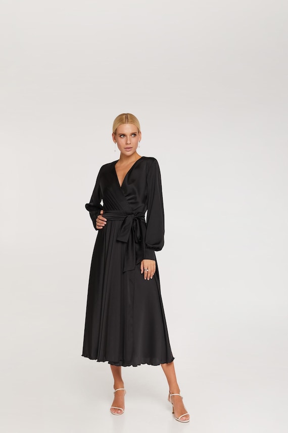 Black Silk Satin Midi Dress: Long Sleeve Elegant Wrap Wedding Guest Dress - Etsy Canada Black Silk Satin Midi Dress: Long Sleeve Elegant Wrap Wedding Guest Dress - Etsy Canada