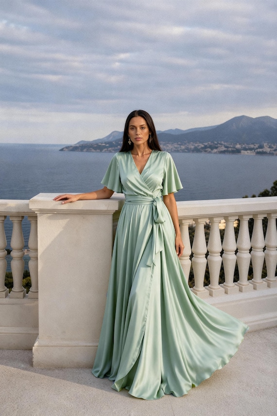 sage green satin wrap dress Standard / S Sage Floral Satin Wrap Maxi Dress for Bridesmaids & Wedding Guests