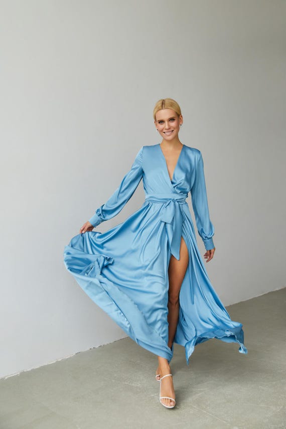 Sky Blue Silk Satin Wrap Maxi Dress, Boho Long Sleeve Bridesmaid Gown