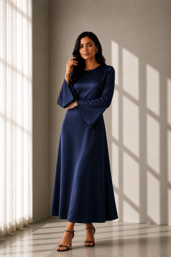 navy blue long sleeve dress Silk Satin Maxi Dress, Elegant Evening Gown, Minimalist Wedding Guest Dress, Modest Formal navy blue dress for wedding