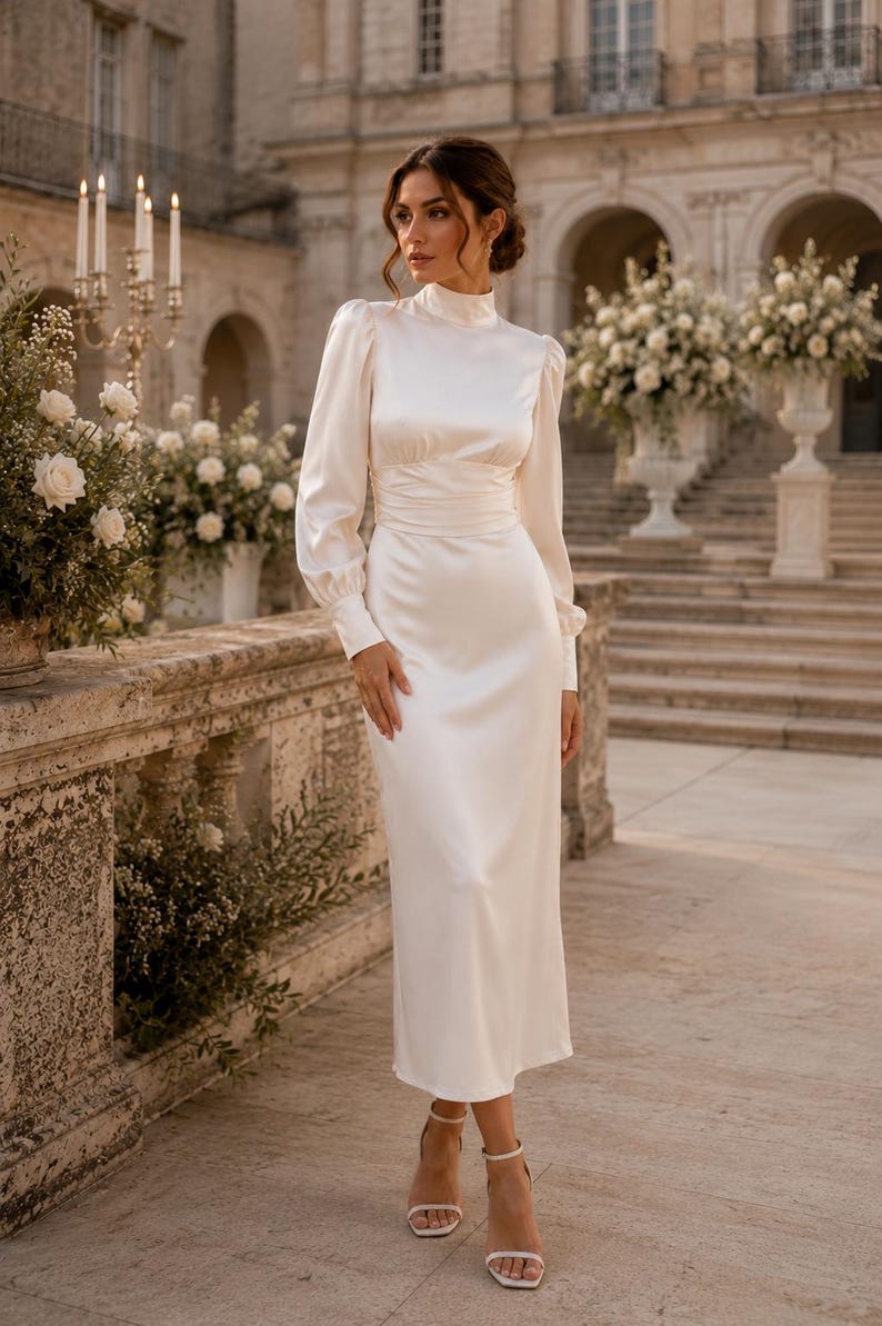 May include: A floor-length white satin dress featuring a high mock neckline, long sleeves with buttoned cuffs, and a fitted waist with a wide band. The garment has a smooth, lustrous finish and a straight skirt that falls to the mid-calf area.