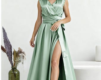 Sage Green Romantic Wrap Dress, Bridesmaids Dress, Maxi Dress, Long Dress,  Wedding Guest Dress, Formal Dress, Evening Summer Dress - Etsy
