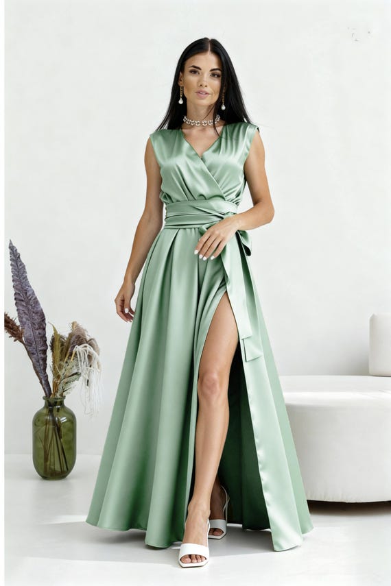 green satin summer dress Olive Green Satin Dress - Maxi Slip Dress - Ruched Maxi Dress