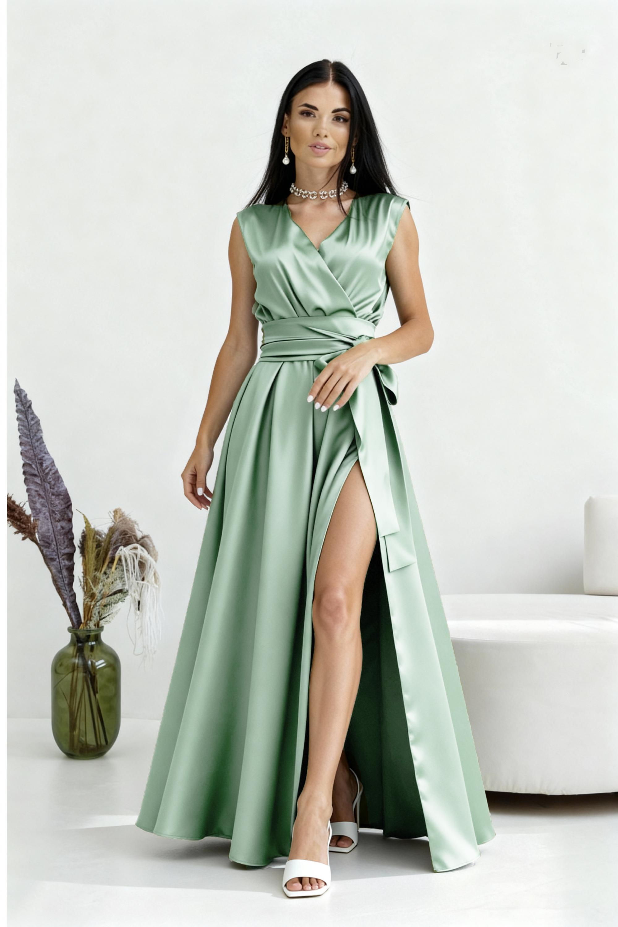 sage green satin wrap dress AW.Bridal A-line V-Neck Floor Length Short Sleeves Satin Long Bridesmaid Dresses Dress Sage Green Size 6