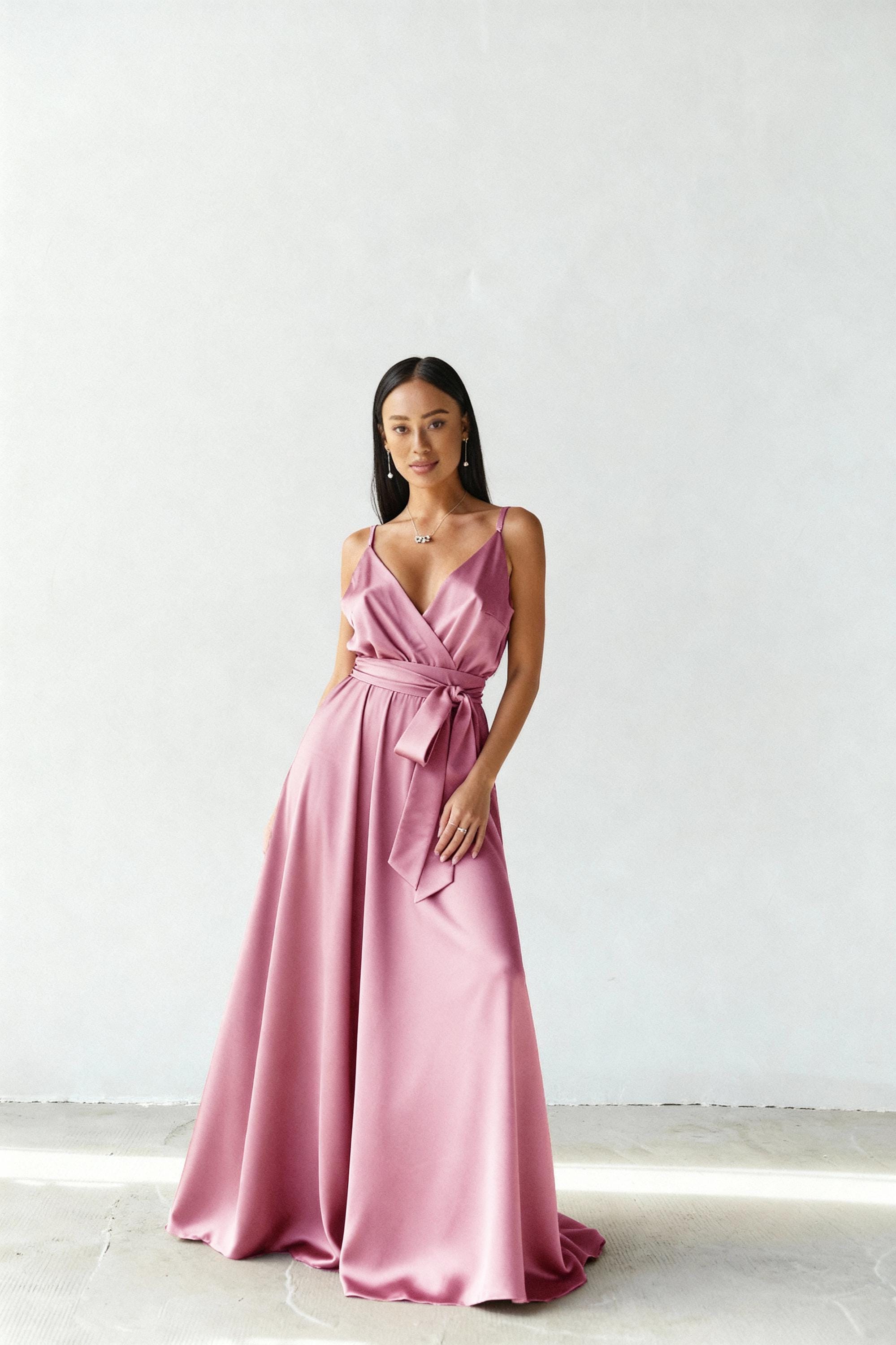 Dusty Pink Satin Maxi Dress, Wrap Formal Evening Gown