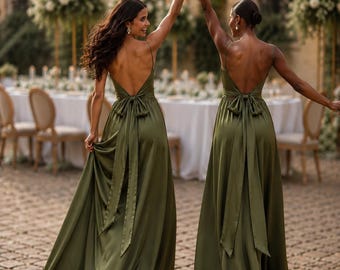 Olive Green Silk Satin Backless Bow Tie Maxi Dress, Elegant Floor Length Cowl Neck Gown, Summer Party Dress, Garden Wedding Guest Dress