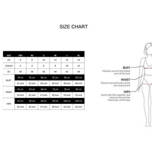 May include: A size chart table with columns for XXS to XL sizes, listing UK, USA/CA, and EU conversions alongside bust, waist, and hip measurements in both centimeters and inches. An outline illustration shows where to measure the body.