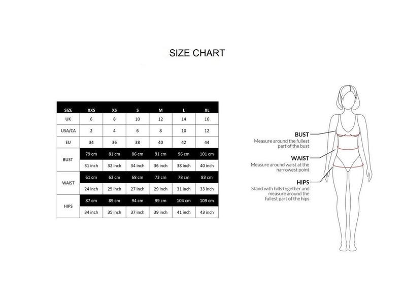 May include: A size chart table with columns for XXS to XL sizes, listing UK, USA/CA, and EU conversions alongside bust, waist, and hip measurements in both centimeters and inches. An outline illustration shows where to measure the body.