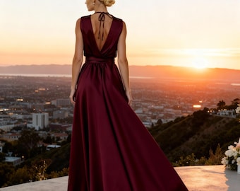 Burgundy Silk Satin Wrap Maxi Dress for Bridesmaids, Elegant Backless Summer Gown