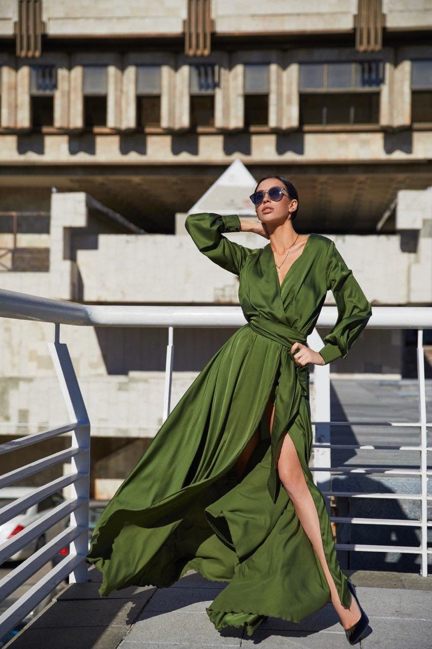 olive green satin wrap dress Olive Green Satin Wrap Dress