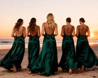 Smaragdgrünes Seiden-Satin-Maxikleid, rückenfreier Bogen mit Wasserfallausschnitt, Sommerkleid