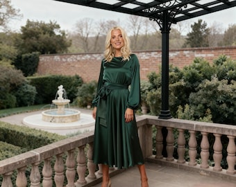 Emerald Green Silk Satin Midi Dress, A-Line Wedding Guest Dress