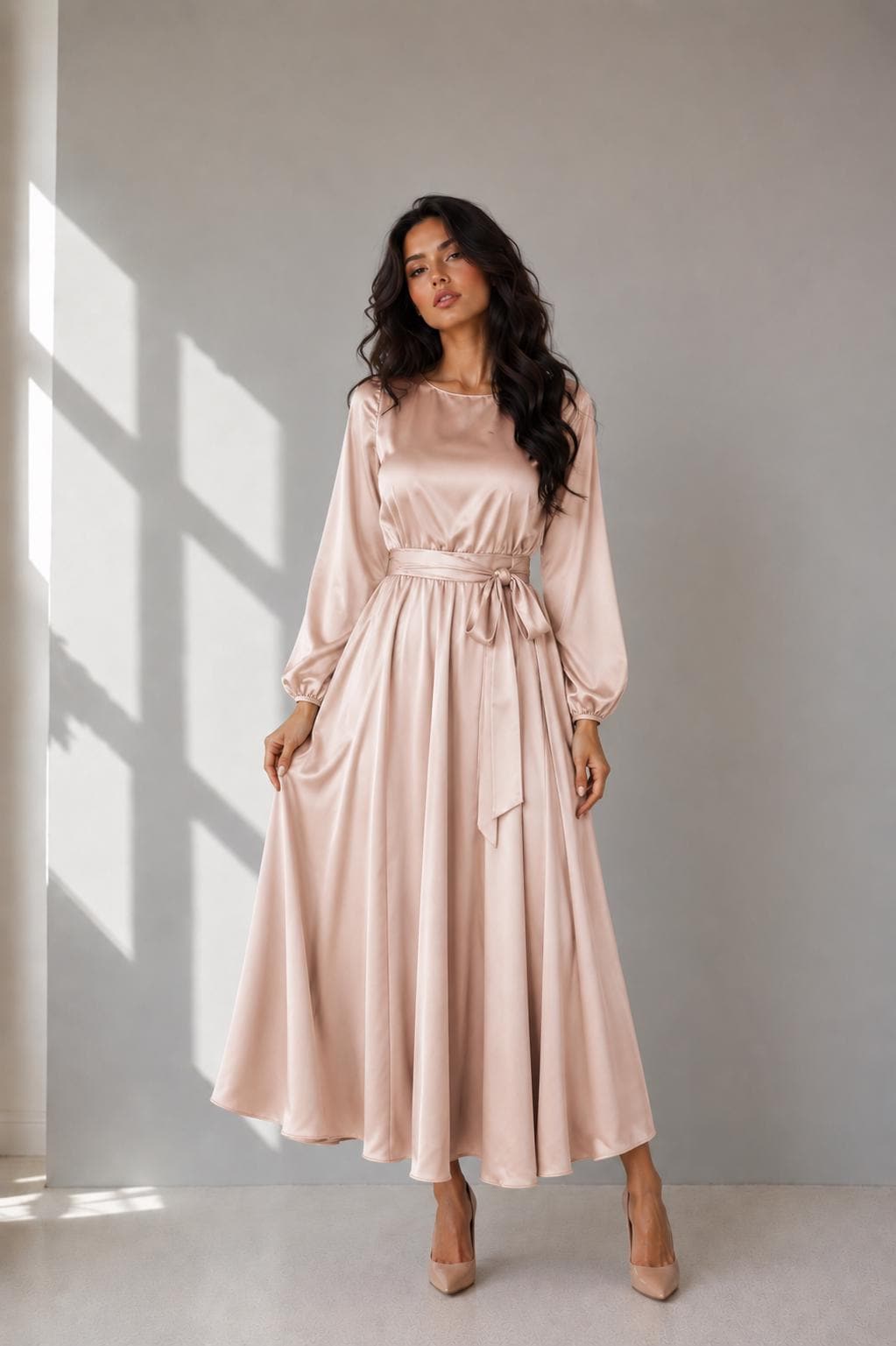 champagne satin dress midi Silk Dress, Long Sleeve A-line Cocktail Dress, Elegant Wedding Guest Dress, Modest Formal Party & Evening Satin halter neck US Sizes:7 Men's = 8.5 Women's DarkGoldenRod Xpluswear Design Plus Size 37 inches or 92