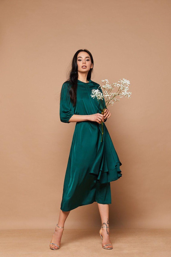 slim fit dress slacks Emerald Deco Printed Satin Midi Dress