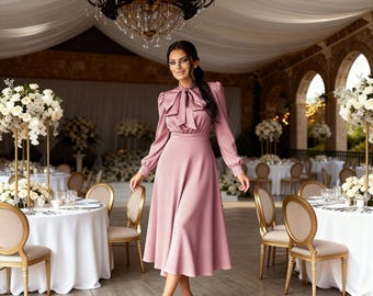 Rose Gold Midi Dress - Tea Length Bridesmaid Dress - Wedding Guest Dress  Long Sleeve - Petite Evening Dress - Occasion Dress - Etsy