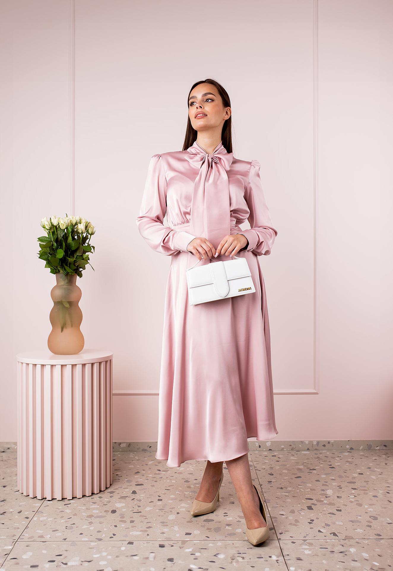 Blush Pink Silk Satin Midi Dress Long Sleeve Bow Neck