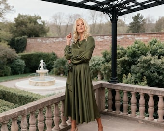 Olive Green Silk Satin Midi Dress, A-Line Wedding Guest Dress