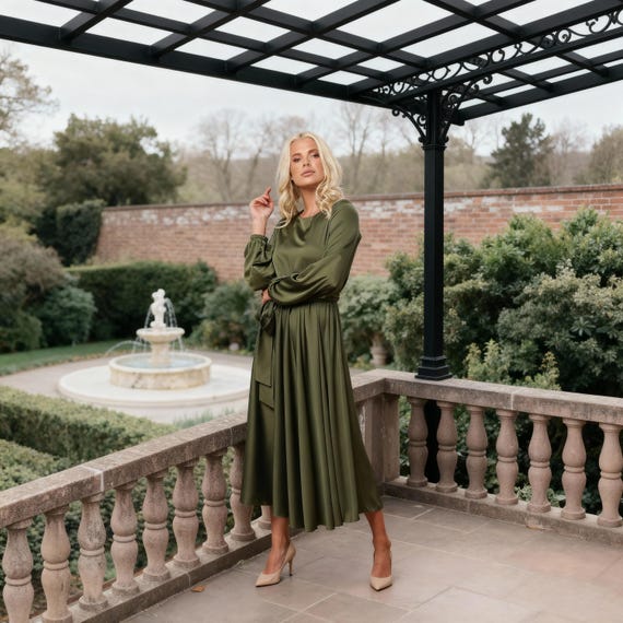 olive green wedding guest dress midi Silk Satin Dress, A-line olive green wedding guest dresses