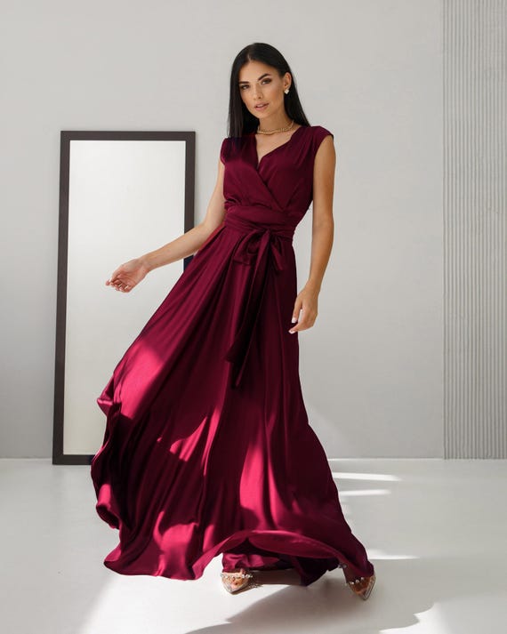 Burgundy Silk Satin Wrap Maxi Dress, Sleeveless V-neck Bridesmaid Summer Gown - Etsy Israel Burgundy Silk Satin Wrap Maxi Dress, Sleeveless V-neck Bridesmaid Summer Gown - Etsy Israel