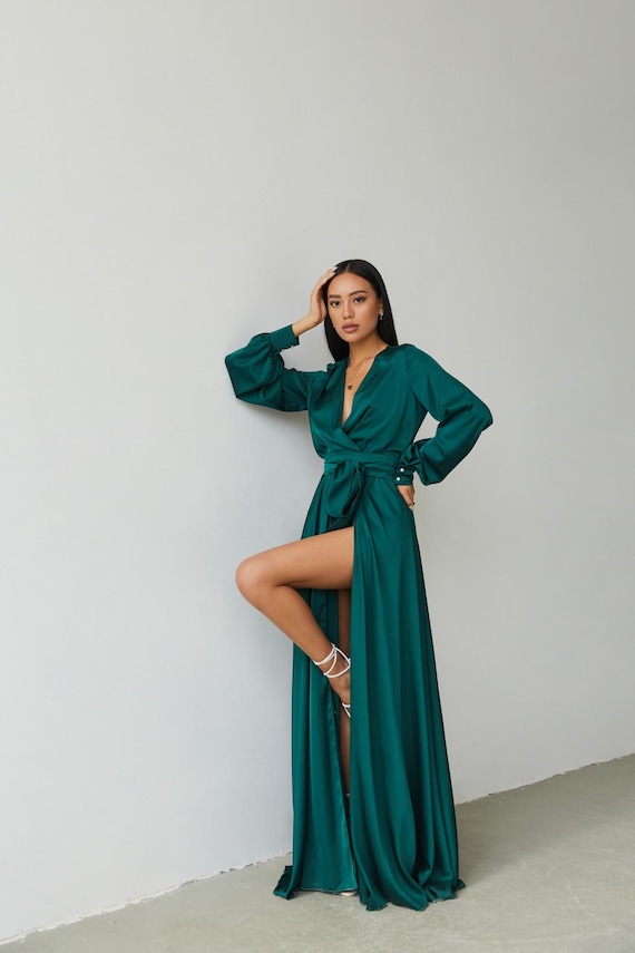 emerald green boho maxi dress Emerald Green Silk Satin Wrap Maxi Dress, Boho Long Sleeve Bridesmaid Gown