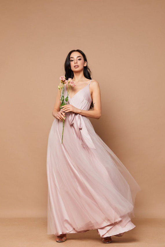 blush dress for beach wedding Pearls Tulle Blush Lining Beach Wedding Dress