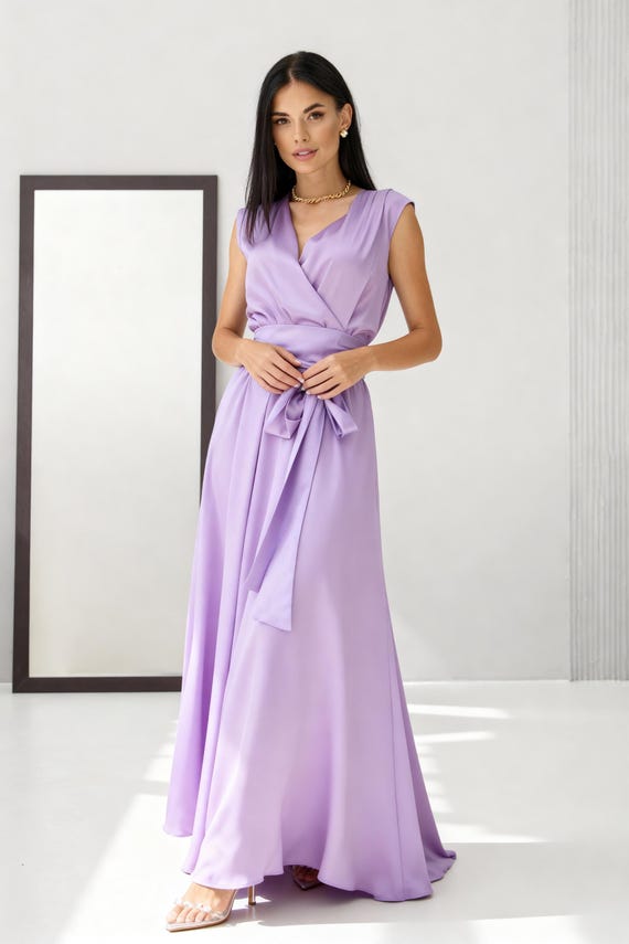lilac satin wrap dress Digital Lavender Sustainable Wrap Dress