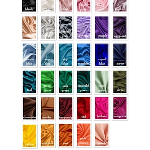 Puede incluir: Carta de colores de sat&eacute;n de seda con muestras en varios colores, incluyendo negro, blanco, rosa rubor y rosa empolvado. Otros colores incluyen tonos de azul, verde, morado y tonos tierra. El texto "SILK SATIN COLOUR CHART" tambi&eacute;n est&aacute; presente.