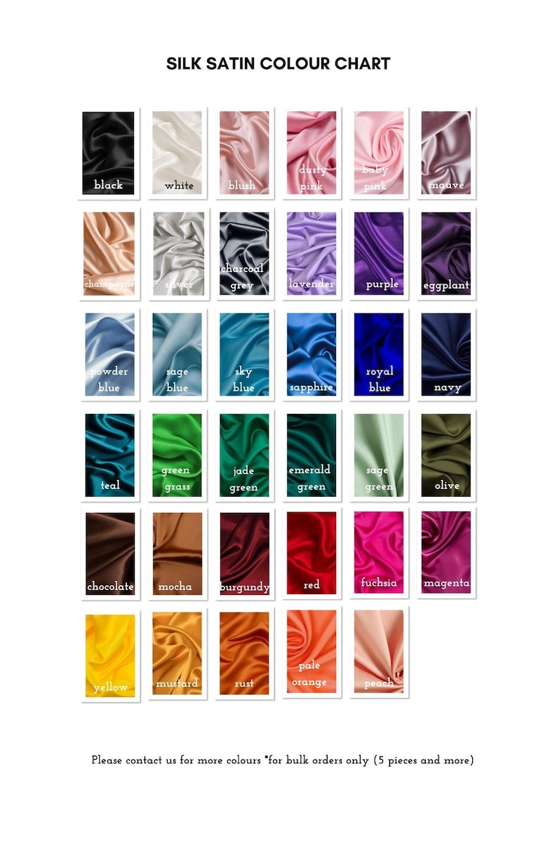 Puede incluir: Carta de colores de sat&eacute;n de seda con muestras en varios colores, incluyendo negro, blanco, rosa rubor y rosa empolvado. Otros colores incluyen tonos de azul, verde, morado y tonos tierra. El texto "SILK SATIN COLOUR CHART" tambi&eacute;n est&aacute; presente.