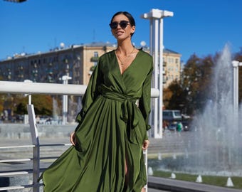 Olive Green Silk Satin Midi Dress: Elegant Wedding Guest Outfit