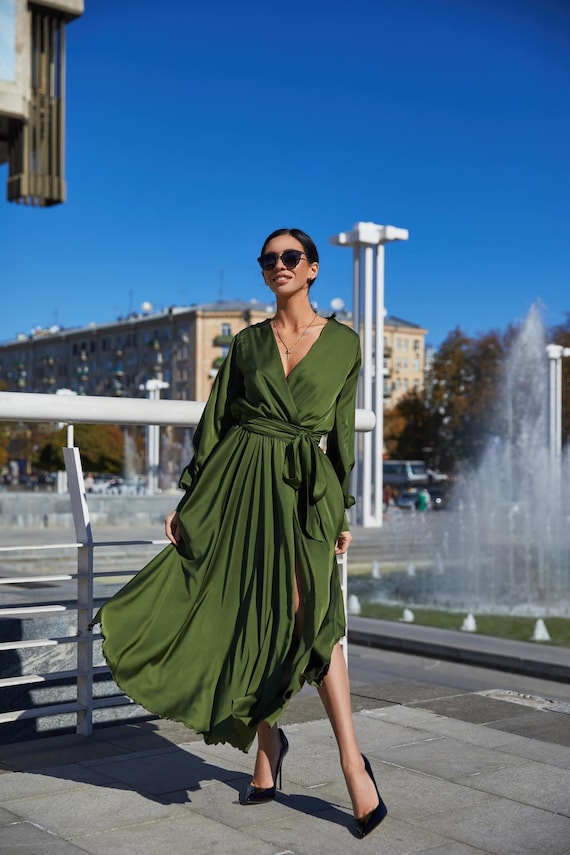 Olive Green Silk Satin Midi Dress: Elegant Wedding Guest Outfit - Etsy  Canada