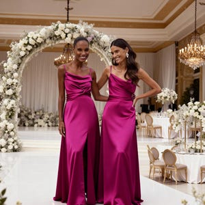 K&ouml;nnte beinhalten: Zwei Frauen in fuchsiafarbenen Satin-Kleidern mit Spaghettitr&auml;gern. Die Kleider sind bodenlang, eines mit einem Schlitz vorne. Sie stehen in einem hellen Raum mit einem Blumenbogen und Kronleuchtern, wahrscheinlich bei einer Hochzeit. Elegantes Design.