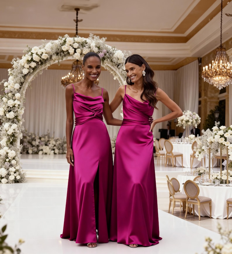 K&ouml;nnte beinhalten: Zwei Frauen in fuchsiafarbenen Satin-Kleidern mit Spaghettitr&auml;gern. Die Kleider sind bodenlang, eines mit einem Schlitz vorne. Sie stehen in einem hellen Raum mit einem Blumenbogen und Kronleuchtern, wahrscheinlich bei einer Hochzeit. Elegantes Design.