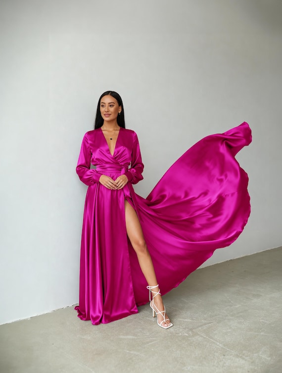 Champagne Silk Satin Maxi Wrap Dress, Long Sleeve Formal Gown, Elegant  Wedding Guest Dress - Etsy