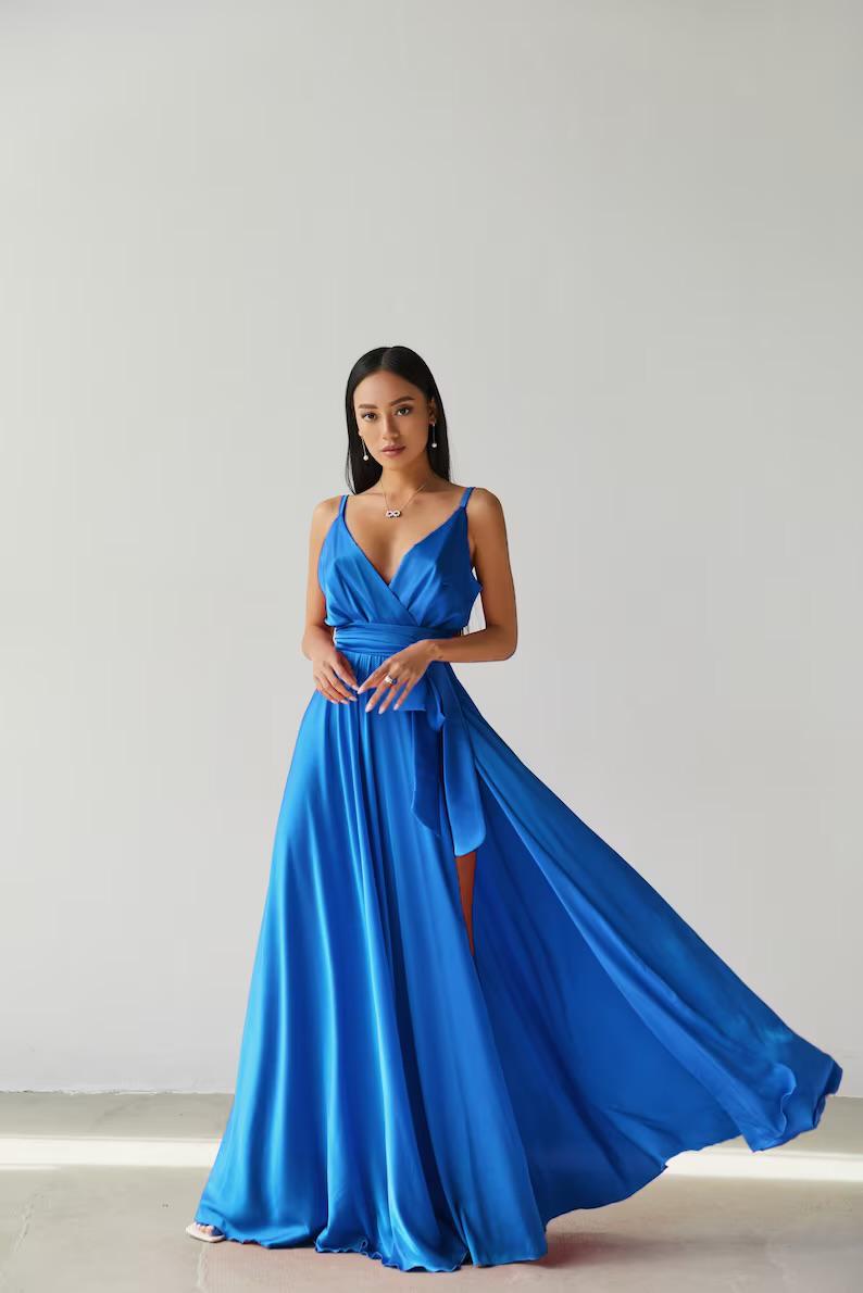Sapphire Blue Satin Maxi Dress, Wrap Formal Evening Gown - Etsy