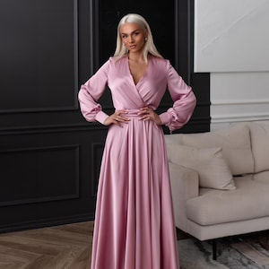 elegant dress for wedding sponsor Simple pink v neck satin long prom dress pink formal dress – dresstby