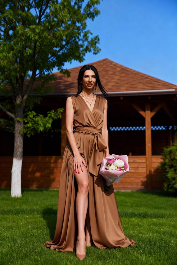 Mocha Brown Silk Satin Wrap Maxi Dress, Sleeveless Elegant Bridesmaid, Wedding Guest Gown - Etsy Israel Mocha Brown Silk Satin Wrap Maxi Dress, Sleeveless Elegant Bridesmaid, Wedding Guest Gown - Etsy Israel