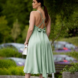 green emerald velvet dress Rylee Midi Dress Satin Sage Green Strapless Semi Formal Dress Cocktail –  Runway Goddess main image 0