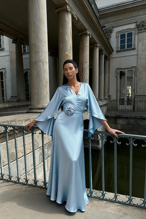 Powder Blue Satin Maxi Gown, Cape Sleeves, Elegant A-line Dress - Etsy  Canada