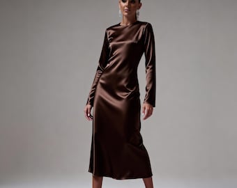 brown dress up shirt Shop Bountiful Chocolate Satin Tie Back Bias Slip Maxi Dress main image 0